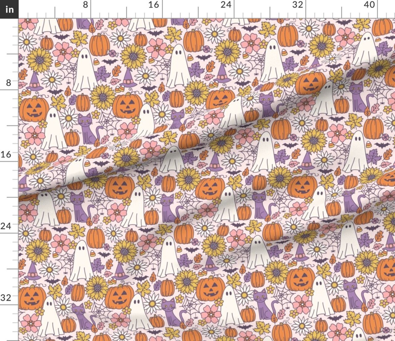 Spooky Floral Purple Cats Orange Ghosts Pumpkins Groovy Flowers Retro Fall Autumn Custom Printed Fabric by Spoonflower Various Fabrics by the Yard or Fat Quarter